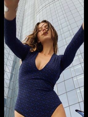 Burberry Navy and Black TB Monogram V-Neck Top